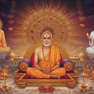 A serene portrait of Upasni Maharaj seated in padmasana on a decorative marble platform, wearing simple white dhoti, his eyes radiating divine wisdom. Behind him, a large intricate mandala glows in soft golden light, incorporating elements of Dutta tradition. The background features the historic Sakori Ashram with its distinctive architecture rendered in Madhubani art style. Floating lotuses and mystical light orbs surround him. On either side, subtle translucent vignettes show Sai Baba of Shirdi and Meher Baba, representing his spiritual lineage. The color palette combines deep maroons, saffron, and peacock blue with ethereal pastels. Sacred symbols like the trishul and omkara float in a spiral pattern. The lighting is otherworldly with divine rays descending from above, creating a mystical atmosphere. The overall composition is highly detailed digital art with elements of traditional Indian painting styles, emphasizing spirituality and divine consciousness. Small groups of devotees are shown in distant background performing arati with golden lamps.