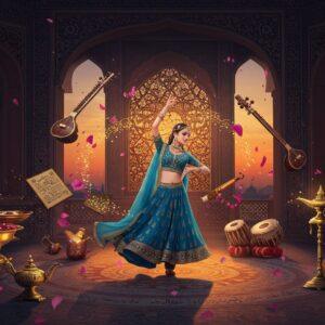 A mystical Indian courtyard at dusk, featuring intricate Mughal architecture with detailed jharokhas and archways adorned with delicate Arabic geometric patterns. In the center, an ethereal young Indian woman in a flowing peacock blue and gold anarkali dress performs a graceful kathak dance pose. Around her, visual elements float in a spiral: traditional calligraphy brushes with golden ink trails, miniature paintings, Persian-style musical instruments (especially sitar and tabla), and swirling rose petals. The scene is illuminated by warm, glowing antique brass lamps casting intricate shadow patterns. In the background, a large ornamental window shows a gradient twilight sky in deep indigo and saffron. The art style combines traditional Mughal miniature painting techniques with modern digital art, featuring rich jewel tones (deep blues, royal purples, burnished golds) and subtle metallic highlights. Soft particles of light float through the scene, creating a dreamlike atmosphere. The overall composition should be detailed yet elegant, with a harmonious blend of cultural elements arranged in a fibonacci spiral pattern.