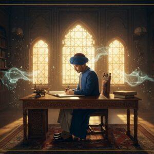 A serene library setting with an elegant Indian scholar in a deep blue sherwani seated at an ornate wooden desk with intricate Mughal-inspired carvings. He's gracefully writing on a beautiful cream-colored parchment with a traditional qalam (pen). Floating around him are ethereal, luminescent wisps forming delicate arabesque patterns in gold and Persian blue. The background features towering bookshelves with leather-bound manuscripts in rich jewel tones. Soft, warm light filters through traditional Islamic geometric windows, creating dramatic shadows. Decorative elements include miniature Mughal painting style borders, featuring intertwined floral motifs in deep maroon and emerald green. The scene is rendered in a fusion of traditional Mughal miniature art style and modern digital aesthetics, with a dreamy, atmospheric quality. The lighting is warm and golden, with subtle particle effects suggesting wisdom and knowledge. The overall composition should be sophisticated and inviting, with careful attention to historical accuracy in clothing and architectural details.