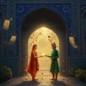 A grand, ornate archway blending Mughal and Persian architectural styles, adorned with intricate geometric patterns in deep lapis lazuli and gold. Two ethereal figures, one in traditional Hindu attire (orange dhoti) and another in Mughal court dress (emerald green sherwani), stand beneath the arch, their hands joining to form a symbolic bridge. Behind them, a dreamlike backdrop features floating scrolls with subtle, glowing patterns resembling both Devanagari and Persian calligraphy, merging and intertwining like flowing water. The scene is illuminated by soft, golden light filtering through ornate jharokha windows. Delicate motifs of peacocks, lotus flowers, and Islamic geometric patterns float in the air, rendered in a combination of Madhubani art style and Persian miniature painting techniques. The color palette features rich jewel tones of royal blue, emerald green, deep red, and burnished gold, with subtle gradient transitions. The overall composition suggests cultural harmony and shared heritage, with a dreamy, surreal quality enhanced by floating rose petals and subtle light particles. Hyperrealistic digital art style with magical realism elements, 8k resolution, cinematic lighting, detailed texturing.