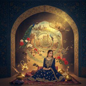A grand, ornate archway blending Persian and Mughal architecture, decorated with intricate arabesque patterns in deep sapphire blue and gold. Through the archway, a mystical scene unfolds showing a ethereal timeline spiral, where peacocks, roses, and traditional Indian and Persian motifs float and intertwine. The scene transitions from ancient Delhi's red sandstone structures to modern cityscape, connected by flowing calligraphic smoke trails in shades of royal blue and gold. In the foreground, a beautiful young Indian woman in a deep blue and gold embroidered anarkali suit sits gracefully on ornate cushions, surrounded by floating golden light orbs and traditional ink pots with feather quills. The lighting is dramatic with warm golden rays filtering through the archway, creating a dreamy atmosphere. The art style combines traditional Mughal miniature painting techniques with modern digital art, featuring rich jewel tones and metallic accents. Floating elements include miniature architectural pieces from both Persian and Indian traditions, delicate jasmine flowers, and swirling patterns resembling Urdu calligraphy without actual letters. The overall composition suggests a seamless blend of two rich cultural traditions in a surreal, timeless setting.