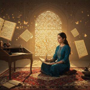 A serene study scene featuring a young Indian woman in a modern ethnic kurta in deep peacock blue, sitting cross-legged on a traditional hand-woven carpet with intricate Madhubani patterns. She's surrounded by floating, ethereal manuscripts with beautiful Urdu calligraphy patterns that transform into golden butterflies. The background features a large, ornate archway inspired by Mughal architecture, with intricate jali work casting delicate shadow patterns. Soft, glowing orbs of light in amber and turquoise float around her. On her left, a vintage wooden desk holds carefully arranged traditional writing implements - copper ink pots, reed pens, and handmade paper with gold borders. The scene is rendered in a dreamy, digital art style combining traditional Indian miniature painting techniques with modern digital aesthetics. The lighting is warm and gentle, creating a peaceful atmosphere with hints of magical realism. Decorative elements include subtle mandala patterns and Persian-inspired floral motifs in muted gold and deep maroon tones.