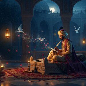 A mystical scene featuring an elegant Indian poet in ornate Mughal-era attire seated on an intricately carved marble jharokha, writing with a golden quill. Traditional Persian-style geometric patterns and arabesques in deep blues and golds spiral around him. Floating crystalline ink droplets transform into ethereal birds and flowers mid-air. The backdrop shows a moonlit courtyard with archways adorned with delicate jaali work. Soft lantern light creates a dreamy atmosphere, with wisps of incense smoke forming graceful calligraphic shapes. Rose petals scatter across the marble floor. The entire scene combines traditional Mughal miniature painting style with modern digital art techniques, emphasizing rich jewel tones of royal blue, deep crimson, and burnished gold. Multiple layers of translucent fabric create depth and movement. The lighting is warm and intimate, with golden light filtering through the jaali patterns creating intricate shadows. Art style is hyperrealistic with magical realism elements, rendered in high detail digital art with emphasis on textures and atmospheric lighting.