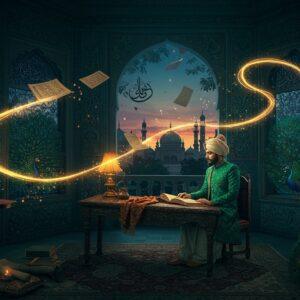 A mystical library setting with an ethereal Indian scholar in rich emerald green sherwani seated at an ornate Persian-style desk, surrounded by floating, glowing manuscripts in Arabic, Persian, and Urdu scripts. The manuscripts transform into golden light trails that weave through the scene, connecting to architectural elements combining Indo-Persian motifs - elegant Islamic geometric patterns merge with Indian mandala designs on the walls. Soft lamplight illuminates ancient scrolls and cultural artifacts. The background features a large window with Mughal architectural details, showing a dreamlike vista of minarets and domes under a twilight sky. Intricate calligraphy patterns float in the air like wisps of smoke, rendered in shimmering gold and deep blue. Traditional Madhubani-style peacocks perch on window sills, their feathers incorporating Persian design elements. The color palette focuses on deep jewel tones - royal blue, emerald green, and burnished gold, with hints of saffron and turquoise. The scene is rendered in a fusion of traditional Indian miniature painting style with modern digital art techniques, creating a surreal, magical atmosphere. Soft particles of light float through the air like fireflies, connecting different cultural elements in the scene.