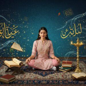 A serene study scene featuring a young Indian woman in a modern kurta in soft pastels, sitting cross-legged on a traditional Persian carpet with intricate Mughal-inspired patterns in deep blue and gold. She's surrounded by floating, ethereal wisps that form delicate arabesque patterns, reminiscent of Urdu calligraphy. The background features a gradient from deep peacock blue to soft gold, with mandala-like patterns incorporating both Devanagari and Persian script motifs. Mystical golden light particles illuminate ancient scrolls and modern books scattered around her. A traditional brass lamp casts warm, ambient lighting. The scene is styled in a fusion of traditional Madhubani art and modern digital illustration, with rich jewel tones and metallic accents. Small elements like peacock feathers, geometric Islamic patterns, and floating lotus flowers add depth. The overall composition suggests a harmonious blend of traditional learning and modern education, with a dreamy, ethereal quality enhanced by soft glowing effects and subtle light rays.