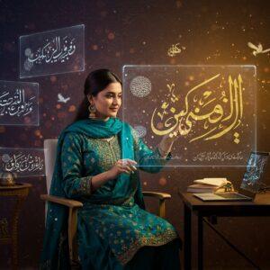 A young Indian woman in an elegant peacock blue and gold salwar kameez sitting in a contemporary study space with a softly illuminated desk. She's interacting with a holographic display showing flowing, ornate Urdu calligraphy patterns in shades of gold and silver. The calligraphy forms abstract shapes resembling birds and flowers, merging traditional Nastaliq style with digital elements. The background features a gradient wall with traditional Indian geometric patterns in Madhubani style, transitioning from deep maroon to midnight blue. Floating around her are ethereal, translucent screens showing Urdu typography in various styles. The scene is lit with warm, ambient lighting creating a golden glow. Decorative elements include a modern laptop with persian motifs, traditional brass accessories, and floating digital particles that form traditional Islamic geometric patterns. The overall composition should blend traditional South Asian aesthetics with futuristic digital elements, maintaining a serene and sophisticated atmosphere. Hyperrealistic digital art style with soft bokeh effects.