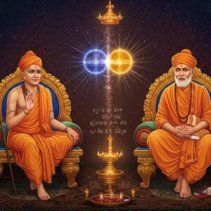 A stunning ethereal scene depicting two revered saints, Vadiraja Tirtha and Raghavendra Swamy, seated in padmasana on ornate golden thrones against a mystical Madhubani-style backdrop. They wear traditional saffron robes with intricate patterns. Raghavendra Swamy holds his signature danda (staff) and kamandalu (water pot), while Vadiraja Tirtha holds sacred texts. Between them floats a luminous representation of Dvaita philosophy - two distinct spheres, one cosmic blue representing Brahman and one earthly gold representing individual souls, connected by rays of divine light. The background features delicate mandalas and Vaishnava symbols in peacock blue and deep maroon. A soft, supernatural glow emanates from both saints. The scene is framed by stylized lotus flowers and vedic mathematical patterns. The art style merges traditional Indian miniature painting techniques with modern digital art aesthetics, creating a surreal and spiritual atmosphere. Photorealistic faces with serene expressions, hyperdetailed jewelry and clothing textures. Atmospheric lighting with golden hour warmth.