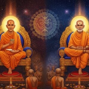 A majestic split composition showing two enlightened Indian saints sitting in padmasana on ornate golden thrones. On the left, Vadiraja Tirtha with distinctive tilaka, saffron robes, and sacred thread, holding palm leaf manuscripts. On the right, Sri Raghavendra Swamy in saffron robes with his signature silver brindavana partially visible behind him, holding a japamala. Between them floats an elaborate mandala containing the symbols of Dvaita philosophy - two intricate lotus flowers representing the duality of existence. The background features a cosmic scene with swirling celestial patterns in deep blues and golds, with subtle Madhubani-style motifs. Rays of divine light emanate from both saints. The lower portion shows devotees gathering at their feet, rendered in a modern minimalist style. The overall composition has a surreal, ethereal quality with a color palette of deep maroons, saffron, gold and peacock blue. Soft glowing auras surround both saints. Art style combines traditional Indian Pattachitra patterns with contemporary digital art techniques, creating a seamless blend of ancient and modern aesthetics.