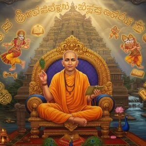 A majestic scene depicting Sri Vadiraja Tirtha in traditional ochre robes, seated in padmasana on an ornate golden throne, against the backdrop of the ancient Sode Mutt in Udupi. He holds ancient palm leaf manuscripts in his right hand and a tulasi mala in his left. The composition features intricate Kannada script patterns floating ethereally in golden light around him, transforming into symbols of his contributions - dancing puppets from Yakshagana, musical instruments, and literary motifs. The foreground shows the sacred Madhwa symbols and a flowing river representing the Kanaka Dasa's devotion. Soft rays of divine light illuminate the scene from above, creating a supernatural glow. The art style combines traditional Mysore painting techniques with modern digital art, featuring rich colors of deep maroon, saffron, and peacock blue. Mandala patterns and lotus flowers frame the composition, while subtle hints of Krishna worship appear through peacock feathers and flute motifs. The overall scene has a mystical, timeless quality with a harmonious blend of historical accuracy and spiritual symbolism.