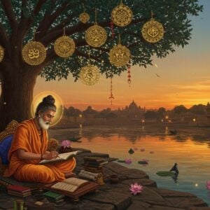 A serene evening scene depicting a sage-like figure in traditional saffron dhoti with tilaka mark, seated in padmasana on an ornate wooden seat near the banks of the Tungabhadra river. He is writing on palm leaves with peacock feather quill, surrounded by ancient manuscripts and Sanskrit texts. Behind him rises an intricately detailed Madhubani-style tree of knowledge, its branches forming golden mandalas. The tree bears fruits shaped like books and scrolls. Floating ethereal vishnu symbols and geometric patterns in soft golden light illuminate the scene. Crystal-clear river waters reflect the warm sunset sky in peacock blues and deep oranges. Traditional Dvaita monastery architecture visible in the background with detailed stone carvings. The overall composition has a surreal, mystical quality with glowing halos and floating lotus flowers. The art style combines hyperrealistic details with traditional Indian Pattachitra patterns, using a rich color palette of saffron, maroon, gold, and deep blue. Soft light particles and translucent sacred threads float in the air, creating depth and spiritual atmosphere.