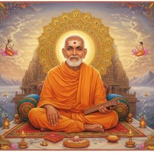 A serene portrait of Vadiraja Tirtha in traditional saffron robes, seated in padmasana on a decorated marble platform near the sacred Sode Mutt. His face radiates divine wisdom with a peaceful expression, tilaka clearly visible. Behind him, a massive intricately carved temple architecture merges with ethereal clouds. A golden mandala halo surrounds him, embedded with Dvaita philosophical symbols. In his hands, he holds ancient palm leaf manuscripts. The scene is illuminated by warm, divine light streaming through clouds. In the foreground, floating lotuses and sacred Tulasi plants create depth. The background features the holy Kumara Parvata mountains in a misty, ethereal style. Multiple small vignettes floating in sacred geometric patterns show glimpses of his life - teaching disciples, performing Krishna puja, and writing scriptures. The art style combines traditional Indian Madhubani patterns with modern digital art techniques, using rich colors of deep saffron, royal blue, and gold. Subtle light particles and sacred symbols float in the air, creating a mystical atmosphere.