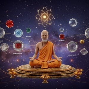 A serene Indian philosopher in traditional dhoti and angavastram sitting cross-legged on an ornate lotus platform, surrounded by floating 3D geometric shapes representing the six padarthas (substance, quality, action, generality, particularity, inherence). The background features a cosmic gradient from deep indigo to gold, with intricate Madhubani-style border patterns. Multiple translucent spheres containing elements (earth, water, fire, air, ether) orbit around the philosopher. A glowing atomic structure hovers above, symbolizing Kanada's atomic theory. Sacred threads weave through the scene, connecting various symbols. The lighting is ethereal with soft golden rays emanating from behind. The philosopher's expression is peaceful and enlightened, with a subtle smile. The scene combines traditional Indian art elements with modern scientific visualization, rendered in a digital art style with rich textures and depth. Small particles of light dance around the composition, creating a mystical atmosphere.
