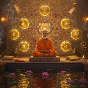 A serene scene depicting an ancient Indian sage in meditation pose, wearing saffron robes, seated on a carved stone platform. Six glowing golden spheres hover around him, each representing the Vaisheshika categories - dravya, guna, karma, samanya, vishesha, and samavaya. The spheres emit soft ethereal light in pastel blues and golds. Behind him, a massive intricate mandala pattern in Madhubani style depicts atomic particles and elements through traditional Indian motifs. The background shows a mystical library with floating scrolls and astronomical instruments. Smoke from copper incense holders creates swirling patterns that morph into molecular structures. The scene is illuminated by warm golden light filtering through ornate temple windows. The color palette focuses on deep maroons, saffron, peacock blue, and burnished gold. In the foreground, a reflecting pool shows ripples forming sacred geometry patterns. Small floating lotus flowers in the pool glow with inner light. The art style merges hyperrealistic digital rendering with traditional Pattachitra patterns, creating a bridge between ancient wisdom and modern understanding.