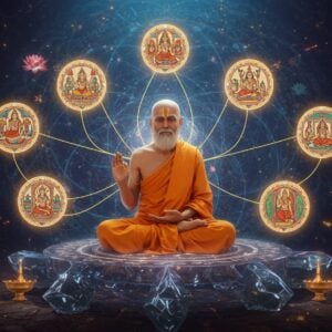 A serene Indian sage in ochre robes seated in padmasana on a crystalline geometric platform, surrounded by six floating, glowing orbs representing the Vaisheshika categories - dravya (substance), guna (quality), karma (action), samanya (universal), vishesha (particular), and samavaya (inherence). Each orb contains intricate Madhubani-style miniature scenes depicting their meanings. The sage's hands form the chinmudra, with golden sacred threads emanating from his fingers, connecting to each orb. The background features a grand mandala made of atomic particles and geometric patterns in deep indigo and gold, suggesting the atomic theory of Vaisheshika. Ethereal light streams through the scene in soft blues and ambers. Floating lotus flowers and vedic symbols adorn the corners. The art style combines hyperrealistic digital rendering with traditional Indian art patterns, creating a modern yet spiritual aesthetic. The lighting is dramatic yet mystical, with god rays filtering through the composition.