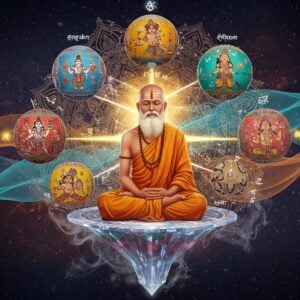 An ancient Indian sage in ochre robes meditating in padmasana on a floating crystal lotus platform, surrounded by six orbiting spheres representing the Vaisheshika categories - dravya (substance), guna (quality), karma (action), samanya (universal), vishesha (particularity), and samavaya (inherence). Each sphere contains intricate Madhubani-style paintings depicting its essence. The background features a cosmic mandala with sacred geometry patterns in gold and deep indigo. Swirling ethereal energy streams connect the spheres, illuminated by soft golden light. The sage's third eye radiates wisdom while Sanskrit symbols float around him like stardust. Multiple translucent layers of reality bend and fold behind him, suggesting the philosophical depth. The scene combines hyperrealistic digital rendering with traditional Indian art motifs, using a color palette of deep maroon, saffron, turquoise, and gold. Mystical smoke tendrils carry subtle Devanagari patterns. The overall composition suggests both ancient wisdom and contemporary relevance.