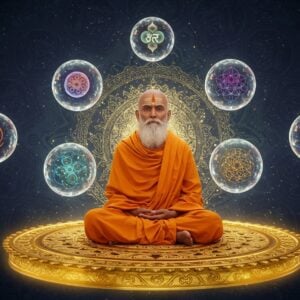 A serene Indian sage in ochre robes, seated in padmasana on an ethereal golden platform, surrounded by floating, crystalline spheres representing the six padarthas of Vaisheshika. Each sphere contains distinct symbolic elements: a swirling earth particle (dravya), a luminous quality sphere (guna), a dynamic motion spiral (karma), a geometric universal pattern (samanya), a unique fingerprint-like pattern (vishesha), and an inherent relationship bond (samavaya). The background features intricate Madhubani-style patterns in deep indigo and gold, merging into a cosmic void. Floating sacred geometry patterns and subtle Sanskrit symbols emerge from a glowing central mandala. The lighting is mystical with soft golden rays filtering through the spheres, creating prismatic effects. The sage's expression is deeply contemplative, with a subtle third-eye glow. Modern digital art style with photorealistic textures, volumetric lighting, and particle effects, while maintaining traditional Indian artistic sensibilities.