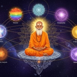 A mystical Indian sage in deep meditation, wearing saffron robes, seated in padmasana on a crystalline platform floating in cosmic space. Six distinct, glowing spheres orbit around him in Madhubani art style - earth-toned sphere (Dravya) with floating elements, rainbow-hued sphere (Guna) emanating qualities, dynamic golden sphere (Karma) showing motion, unified white sphere (Samanya) showing interconnected patterns, distinctive blue sphere (Vishesha) showing unique patterns, and an ethereal purple sphere (Samavaya) showing inherent relationships. The background features intricate sacred geometry patterns in gold against deep indigo space. Soft light emanates from each sphere, casting a warm glow. The sage's expression is serene and enlightened, with a subtle third eye symbol. Delicate mandalas float in the space between spheres, connected by threads of golden light. The scene combines hyperrealistic details with spiritual symbolism and surreal elements. Rich jewel tones dominate with highlights of gold and silver, creating a modern yet timeless aesthetic.