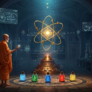 A mystical laboratory setting blending ancient Indian architecture with modern scientific elements, featuring a brilliantly illuminated golden atomic structure floating centrally. In the foreground, an ancient Indian sage in ochre robes (representing Maharishi Kanada) gestures toward the atomic model, which emits ethereal Sanskrit symbols that transform into modern scientific equations. The background showcases intricate Madhubani-style patterns of interconnected atoms and molecules in deep indigo and copper tones. Floating crystal prisms scatter rainbow light across the scene, creating a visual bridge between ancient wisdom and modern science. Small vials containing the five elements (earth, water, fire, air, ether) arranged in a mandala pattern below. The scene is illuminated by both modern holographic projections and traditional oil lamps, creating a surreal glow. Detailed atomic structures merge with traditional Indian geometric patterns in the margins. The overall color palette features deep sapphire blues, burnished golds, and copper accents, with occasional bursts of ethereal light. Style combines hyperrealistic scientific visualization with traditional Indian art motifs, rendered in high-detail digital art style.