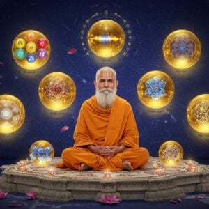 A serene Indian sage in ochre robes seated in padmasana on an ornate marble platform, surrounded by six floating, luminous golden spheres arranged in a hexagonal pattern. Each sphere contains distinct visual representations: first sphere shows earth, water, fire, air, and ether elements (Dravya); second displays color spectrum and sensory symbols (Guna); third depicts flowing motion and dynamic energy patterns (Karma); fourth shows interconnected geometric patterns representing universals (Samanya); fifth contains unique crystalline structures (Vishesha); and sixth illustrates intertwined threads symbolizing inherent connection (Samavaya). The background features intricate Madhubani-style patterns in deep indigo and gold. Soft ethereal light emanates from each sphere, casting a warm glow. Translucent sacred geometry mandalas float behind the spheres. The sage's expression is peaceful and enlightened, with a subtle golden aura. The scene is rendered in a blend of traditional Indian art and modern digital aesthetics, with rich jewel tones of sapphire blue, royal purple, and burnished gold. Floating lotus petals and swirling energy patterns add movement to the composition.