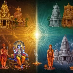 A majestic composition showing four distinct sacred spaces merging into one, each representing a Vaishnava Sampradaya. The top-left quadrant shows Sri Rangam temple architecture with golden vimana for Sri Sampradaya, top-right shows Dwarkadhish temple's ornate shikhara for Rudra Sampradaya, bottom-left depicts Udupi Krishna temple's traditional style for Madhva Sampradaya, and bottom-right shows Govindaji temple of Vrindavan for Nimbarka Sampradaya. At the center, a large luminous Vishnu Yantra in gold radiates light, connecting all four spaces. Lord Vishnu appears ethereally in the center, seated on Shesha Naga, having four arms holding Shankha, Chakra, Gada and Padma, wearing pitambara and adorned with Vaijayanti mala. Four distinct Acharyas in traditional dress - Ramanuja, Madhvacharya, Vallabhacharya and Nimbarkacharya are shown as smaller figures near their respective quadrants, each in respectful anjali mudra. The scene is enhanced with floating lotus flowers, vedic symbols, and swirling sacred smoke. The color palette combines deep blues, rich golds, saffron orange and emerald greens in Madhubani-meets-digital art style. Ethereal light beams connect all elements, creating a unified, mystical atmosphere.