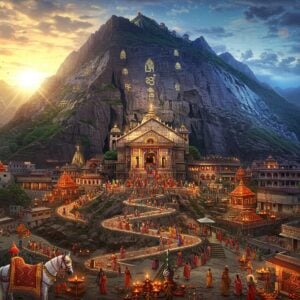 An aerial view of the majestic Vaishno Devi temple complex nestled in the Trikuta mountains, illuminated by divine golden light breaking through mystical clouds. The sacred cave entrance features intricate Madhubani-style patterns in gold and deep maroon. A winding path decorated with glowing diyas leads to the shrine, where devotees in colorful traditional Indian attire are seen ascending. The three-peaked mountain is rendered in rich peacock blue with sacred Hindu symbols etched in gold. Multiple small shrines and rest stops dot the pathway, with floating lotus flowers and mandala patterns in the sky. The scene captures both dawn and dusk simultaneously - one side showing the warm golden sunrise, the other displaying cool blue evening hues with twinkling lights. In the foreground, a white horse (representing Ghoda Palki service) adorned with traditional decorations stands majestically. The art style combines hyperrealistic architectural details with ethereal spiritual elements, creating a serene yet powerful atmosphere. The lighting emphasizes the divine nature of the pilgrimage site with soft glowing halos and light rays.