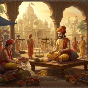 A bustling ancient Indian marketplace scene with elegant architecture, showing prosperous Vaishya merchants in rich golden dhoti-kurtas and traditional headgear conducting trade. The central figure is a dignified Vaishya merchant seated on an ornate wooden platform, counting golden coins, surrounded by scales, ledgers, and precious goods. Around him, multiple trading activities showcase textiles, spices, and jewelry in intricate detail. The scene is illuminated by warm golden sunlight filtering through carved stone arches, creating dramatic shadows. In the background, massive stone temples with traditional Indian architecture rise majestically. The foreground features detailed displays of silk fabrics in deep maroons and peacock blues, brass vessels, and boxes of saffron and spices. Decorative elements include traditional Madhubani-style borders with geometric patterns, peacock motifs, and flowing lotus designs. The art style combines hyperrealistic details with ethereal lighting and rich, deep colors characteristic of traditional Indian miniature paintings, enhanced with modern digital aesthetics. The overall composition suggests prosperity, commerce, and dharmic duty.