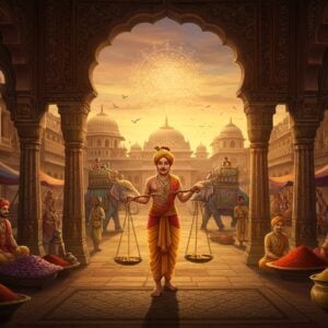 A majestic scene depicting a prosperous ancient Indian marketplace at golden hour, with ornate traditional architecture featuring intricately carved pillars and archways adorned with Madhubani-style patterns. In the center, a dignified Indian merchant in rich golden dhoti and elegant angavastram stands proudly, weighing precious items on an ornate brass balance scale. Around him, a bustling market scene with detailed elements: silk traders displaying vibrant fabrics, jewelers examining gemstones, and spice merchants with colorful mounds of saffron and turmeric. The background shows merchant caravans with decorated elephants carrying goods. The scene is illuminated by warm, ethereal light with subtle mandala patterns floating in the air. Traditional motifs like peacocks and lotus flowers are integrated into the marketplace architecture. A large yantra pattern glows softly in the sky, symbolizing prosperity and dharma. The color palette features deep maroons, royal blues, saffron, and gold with modern digital gradient effects. The art style merges traditional Pattachitra techniques with contemporary digital art, creating a surreal yet grounded atmosphere. The scene should be photorealistic with magical elements, showing both material prosperity and spiritual righteousness.