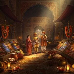 A grand, richly detailed marketplace scene set in ancient India, featuring elegant Vaishya merchants in traditional dhoti-kurtas with ornate golden turbans. The central figure is a distinguished Vaishya elder making trade negotiations, surrounded by detailed displays of precious gems, silk textiles, and golden artifacts. The background shows intricate Madhubani-style architecture with detailed geometric patterns in deep maroon and peacock blue. Flanking the scene are two massive ornate brass scales symbolizing fair trade, wrapped with marigold garlands. The foreground displays meticulously arranged spices in brass vessels and silk routes maps painted in traditional Pattachitra style. Glowing diyas and lanterns cast a warm golden light across the scene. Sacred symbols of Kubera and Lakshmi are subtly integrated into the architectural details. The color palette focuses on rich golds, deep crimsons, and royal blues, with ethereal light rays filtering through decorated archways. The scene is rendered in a fusion of hyperrealistic digital art with traditional Indian miniature painting techniques, creating a mystical yet historically accurate atmosphere.