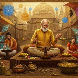 A majestic marketplace scene showcasing wealthy Indian Vaishya merchants in ornate golden kurtas and dhotis, conducting trade against a backdrop of ancient architectural elements merged with modern glass buildings. The central figure, an elderly merchant with silver hair and traditional tilak, sits cross-legged on an intricately carved wooden platform, examining precious gems and golden coins using modern digital scales. Around him, younger Vaishya businessmen in contemporary Indian formal wear operate holographic trading displays. The scene is framed by traditional Madhubani-style border patterns featuring commerce symbols like scales, coins, and accounting books. Warm golden light bathes the scene, with floating mandalas and sacred geometric patterns in saffron and deep blue hovering above. The foreground features traditional brass weights and measures alongside modern tablets and smartphones. The art style combines hyperrealistic digital rendering with traditional Indian art elements, creating a seamless blend of past and present. The color palette focuses on rich golds, deep maroons, and royal blues, with subtle glowing effects highlighting the fusion of tradition and technology.