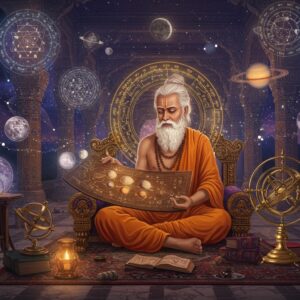 A mystical Indian sage with flowing white beard, dressed in traditional saffron dhoti and angavastram, seated in padmasana on an ornate wooden throne, studying an ancient copper plate inscribed with celestial calculations. Around him floats an ethereal, glowing astronomical chart showing the sun, moon, and nine planets in Vedic symbolism. The background features a grand temple corridor with intricate Madhubani-style pillars decorated with zodiac symbols. Celestial bodies orbit in golden trails around the scene, while multiple floating crystal spheres reflect astronomical configurations. The lighting is otherworldly with soft blues and purples mixing with warm golden hues. Sacred geometry patterns and yantra designs float in the air, rendered in luminescent lines. Traditional Indian astronomical instruments like armillary spheres and sundials are arranged around the sage. The overall scene is rendered in a style merging traditional Pattachitra art with modern digital fantasy aesthetics, creating a serene yet mystical atmosphere. Multiple translucent layers of cosmic maps and celestial calculations float in the space, giving depth to the composition.