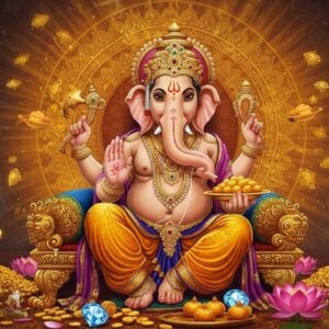 A majestic Lord Ganesha in Vallabha form seated on an ornate golden throne, adorned with precious jewels and a crown studded with diamonds. His four hands hold a pomegranate in upper right, his own broken tusk in upper left, a golden kalasha (pot of abundance) in lower right, and a precious crystal in lower left. His trunk is gracefully curled towards a plate of modak. The deity has a serene expression, with his skin tone in a rich shade of sindoor red. Behind him, a large, intricate mandala glows in shades of gold and saffron, emanating rays of prosperity. The foreground features scattered gold coins, gems, and blooming lotus flowers in deep pink. Floating spiritual symbols and yantra patterns in gold add a mystical touch. The scene is set in a divine space with soft, ethereal lighting and wisps of sacred smoke from burning incense. The art style combines traditional Madhubani patterns in the throne's details with modern digital art techniques, creating a harmonious blend of ancient and contemporary aesthetics. The overall composition suggests abundance, wisdom, and divine blessings.
