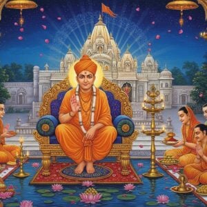 A serene portrait of Vallabhacharya sitting in padmasana on an ornate golden throne, wearing saffron silk dhoti and angavastram, with tilak on forehead. Behind him, a grand temple architecture of Shrinathji in Nathdwara style with intricate marble carvings. The scene is illuminated by numerous brass diyas creating a warm golden glow. Sacred Yamuna river flows in the foreground with floating lotus flowers and rose petals. To his sides, devotees perform pushti marg rituals with thalis containing flowers, sweets, and peacock feathers. The background features an ethereal Madhubani-style mandala in deep blues and golds. Soft rays of divine light emanate from above, while delicate flower petals float in the air. The color palette focuses on rich maroons, deep blues, saffron, and gold accents. The art style combines traditional Indian miniature painting techniques with modern digital art aesthetics, creating a mystical yet contemporary feel. The overall composition should reflect devotion, grace and spiritual wisdom.