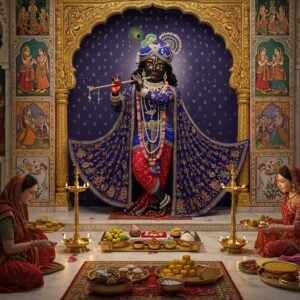 A serene temple courtyard setting with Lord Krishna in his iconic pose with the Shrinathji form, wearing a rich dark blue pitambara with intricate gold embroidery, adorned with precious jewels and a distinctive tilak mark. The deity stands against an ornate haveli-style marble archway decorated with traditional Rajasthani miniature paintings depicting the Ashta Sakhi. In the foreground, devotees perform pushti marg seva, arranging elaborate thalis with sweets and flowers. The scene is illuminated by traditional brass oil lamps creating a warm golden glow, with floating lotus petals and peacock feathers. Intricate marble lattice work casts beautiful shadows, while symbolic elements like the sacred tulsi plant and golden cow are tastefully incorporated. The art style combines traditional Nathdwara painting techniques with modern digital aesthetics, featuring rich colors like deep crimson, royal blue, and burnished gold. The atmosphere captures both bhakti devotion and aristocratic grandeur characteristic of the sampradaya, with ethereal light rays and subtle mandala patterns in the background. Hyperrealistic rendering with attention to textile details, jewelry, and architectural elements, maintaining cultural authenticity while achieving contemporary visual appeal. The scene radiates divine presence through subtle golden aura effects and floating flower petals.