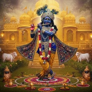A majestic and ethereal scene showcasing Lord Krishna in his divine Vallabha form, standing gracefully in a golden-hued celestial garden. He wears a rich peacock-blue pitambara with intricate gold embroidery, adorned with a spectacular crown featuring peacock feathers and precious gems. His skin has a deep blue luminescence, and he holds his signature flute in his hands. Around him, floating Madhubani-style motifs of cows, peacocks, and lotuses create a circular mandala pattern. The background features a massive ornate temple structure with traditional Pushti Marg architectural elements, rendered in warm gold and saffron tones. Soft rays of divine light emanate from Krishna's form, illuminating the scene with a supernatural glow. The foreground shows detailed rangoli patterns made with flowers and traditional symbols of the Vallabha sampradaya. The composition combines photorealistic elements with traditional Indian art patterns, creating a dreamy, spiritual atmosphere with rich jewel tones of deep maroon, emerald green, and royal blue, enhanced by magical particle effects and subtle lens flares.
