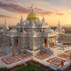 A majestic aerial view of an ornate Vallabha temple complex at dawn, crafted in pristine white marble with gold-leafed spires stretching skyward. The temple architecture features distinctive Pushti Marg elements with intricate carvings of Krishna's leelas. In the foreground, a serene courtyard with elaborate rangoli patterns made of flower petals in peacock blue and saffron. Multiple devotees in traditional Indian attire performing parikrama around the temple. The scene is illuminated by both morning sunlight and traditional brass deepams, creating a ethereal glow. Ornate pillars adorned with intricate Madhubani-style paintings depicting scenes from Krishna's life. Crystal-clear reflection pool in front of the temple with floating lotus flowers. Surrounding the temple are lush gardens with tulsi plants and flowering trees. The sky features soft, mystical clouds in pastel pinks and oranges, with subtle golden rays emerging from behind the main temple dome. Digital art style merging hyperrealistic architectural details with traditional Indian art elements, emphasizing both grandeur and spiritual serenity. Warm color palette with highlights of gold, deep maroon, and peacock blue.
