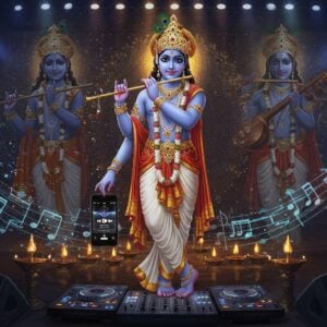 A majestic digital art composition showing Lord Krishna as Vallabha in a contemporary setting: elegant, youthful figure with deep blue complexion, adorned in pristine white dhoti and golden crown with peacock feather, standing in tribhanga pose. He holds a silver smartphone in one hand displaying streaming music, while his other hand rests on a modern DJ console decorated with traditional Indian motifs. The background features a cinematic theater screen showing multiple reflections of Krishna, merging with holographic mandala patterns. Floating musical notes in gold and silver intertwine with traditional Indian instruments like flute and veena. The scene is illuminated by both modern stage lights and traditional diyas, creating a dramatic interplay of traditional and futuristic elements. The art style combines hyperrealistic digital rendering with traditional Pichwai painting elements, featuring rich jewel tones of deep blue, gold, and crimson. Ethereal lotus flowers and peacock feathers frame the composition, while subtle sacred geometry patterns create a cosmic atmosphere. The lighting emphasizes the divine glow around Krishna while maintaining a modern, electric ambiance.