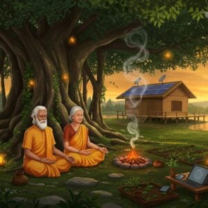 A serene elderly Indian couple in simple saffron and white cotton clothing, sitting in meditation under a massive ancient banyan tree, with golden sunlight filtering through its aerial roots. The man has grey hair and a well-maintained white beard, while the woman wears her silver hair in a simple bun. Their faces reflect peace and wisdom. The background shows a modern minimalist wooden cottage seamlessly integrated into a lush forest setting, with solar panels visible on the roof. Smoke from sacred fire rises in spiral patterns, creating ethereal mandalas in the air. The foreground features a small organic garden with traditional Ayurvedic herbs. Digital devices like a tablet and smartphone rest on a wooden table nearby, symbolizing modern connectivity. The scene is rendered in a combination of Madhubani art style with contemporary digital aesthetics, using a palette of deep forest greens, earthy browns, saffron, and gold. Soft glowing orbs of light float around them, while detailed patterns of leaves and vines frame the scene. A peaceful lake reflects the setting sun in the distance, creating a mirror-like surface with subtle ripples.