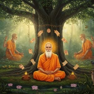 A serene elderly Indian sage in traditional saffron robes seated in padmasana beneath a majestic banyan tree, surrounded by dense forest foliage in rich emerald greens. Multiple ethereal, translucent versions of the same sage fade into different directions, each version subtly different in appearance representing various cultural interpretations. The central figure radiates a soft golden aura, while sacred texts and scrolls in various ancient scripts float around him. The background features a mystical forest scene with rays of divine light filtering through the canopy, creating a dreamy atmosphere. Blooming lotus flowers in pastel pink and white float in a nearby pond. Intricate Madhubani-style patterns decorate the tree trunk and forest elements. The lighting is warm and spiritual, with hints of morning mist. The sage's face shows deep wisdom and peace, with silver hair and beard. Small woodland creatures like peaceful deer and birds appear in the scene. The art style combines hyperrealistic digital painting with traditional Indian art elements, emphasizing both the spiritual and natural aspects of Vanaprastha life.