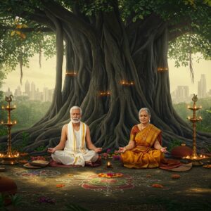 A serene elderly Indian couple in traditional South Indian attire (man in white veshti and angavastram, woman in silk mustard saree) meditating peacefully under a massive ancient banyan tree. The tree's aerial roots create a natural sanctuary, adorned with small oil lamps. In the background, a modern high-rise city skyline merges with dense forest, symbolizing the bridge between contemporary life and ancient wisdom. The scene is illuminated by golden morning light filtering through the leaves, creating ethereal patterns. Traditional Kolam patterns with fresh flowers decorate the ground. The couple's faces show peaceful contentment, with subtle spiritual auras around them in soft saffron hues. The art style combines hyperrealistic digital rendering with traditional Tanjore painting elements, featuring rich gold accents and intricate details. Small details include sacred tulsi plants, prayer beads, and a modern yoga mat alongside traditional grass mat, suggesting the blend of old and new practices. The overall composition embodies tranquility and wisdom, with a color palette of deep forest greens, morning golds, and earthy browns.