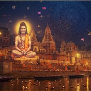 A mystical nighttime scene of the Varanasi ghats with ancient stone steps descending into the luminescent Ganges River, illuminated by hundreds of floating diyas creating golden reflections on the water. In the foreground, a hyper-realistic portrayal of Trailanga Swami in padmasana, levitating slightly above the steps, his form semi-transparent and radiating a soft golden aura. He appears as a robust figure with long matted hair, wearing only a white dhoti. Behind him, the iconic Kashi Vishwanath temple spires rise majestically, detailed with intricate Nagara architecture and golden accents. The sky features a large, detailed mandala pattern in deep indigo and gold, with floating lotus flowers and sacred Sanskrit symbols ethereally suspended in the air. The scene is rendered in a fusion of traditional Pattachitra art style with modern digital aesthetics, using deep maroons, saffron, and peacock blue. Tiny oil lamps dot the ghats, creating a path of light, while holy men in saffron robes are seen performing evening aarti in the background. The overall composition combines photorealistic textures with ethereal lighting effects, creating a seamless blend of the physical and spiritual realms.