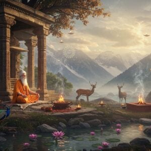 A serene ancient stone ashram nestled in the Himalayas, with intricate Madhubani-style carved pillars and traditional architecture, glowing in golden morning light. Sage Vashistha, depicted as a dignified elderly man with long white beard, wearing saffron robes, seated in meditation pose on a deer skin under a sacred banyan tree. A crystal-clear mountain stream flows nearby, with ethereal lotus flowers floating on its surface. In the background, snow-capped peaks merge with mystical clouds. Sacred fire pit (havan kund) emitting soft orange flames and smoke forming celestial patterns. Peacocks and deer roam freely in the foreground. The scene features subtle mandala patterns in the sky, with rays of divine light breaking through clouds. The color palette combines deep maroons, saffron, peacock blue, and gold accents. The atmosphere is misty and ethereal, with floating oil lamps creating a magical ambiance. Photorealistic rendering with spiritual undertones, 8k resolution, cinematic lighting, volumetric fog