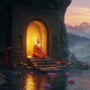 A mystical ancient cave entrance nestled in the Himalayas, with intricate Madhubani-style patterns carved into its stone walls, illuminated by warm golden light emanating from within. Sage Vashistha, depicted as a serene elderly Indian man with flowing white beard, sits in padmasana pose at the cave's entrance, surrounded by a glowing mandala aura. His traditional saffron robes flow gracefully, adorned with detailed Pattachitra-style patterns. Crystal-clear Ganga water flows nearby, with ethereal lotus flowers floating on its surface. The scene features floating diyas, their flames creating dancing shadows. The background shows majestic snow-capped peaks at sunrise, with soft pastel pink and orange hues in the sky. Sacred threads and meditation beads hang near the cave entrance, and subtle smoke from sacred herbs creates a mystical atmosphere. Photorealistic digital art style, cinematic lighting, volumetric fog, high detail, magical atmosphere, 8k resolution.