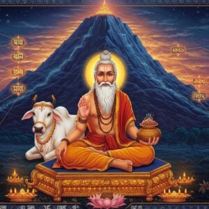 A majestic sage Vashistha seated in padmasana on a golden lotus platform, wearing traditional saffron robes with intricate Madhubani-style patterns, his long white beard flowing ethereally. He holds his signature kamandalu in his right hand and his divine cow Nandini stands gracefully beside him. Behind him rises the celestial Mount Meru rendered in deep peacock blues and royal purples, with sacred rivers flowing down its slopes in luminescent streams. The scene is framed by an elaborate mandala border featuring the seven stars of Saptarishi in gold leaf detail. Floating crystal-like sacred texts and genealogical connections branch out from Vashistha in a modern geometric pattern. The lighting is divine with warm golden rays emerging from behind the mountain, casting a spiritual glow. The art style combines traditional Indian Pattachitra techniques with modern digital art, featuring rich jewel tones of maroon, saffron, and midnight blue. In the foreground, subtle symbols of the gotra system appear as glowing sacred threads interweaving through space.