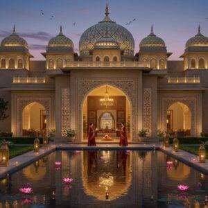 A grand luxurious Indian palace hotel facade at twilight, featuring traditional Rajasthani architecture with modern elements, illuminated by warm golden lights and floating diyas. The central dome is adorned with intricate Madhubani-style patterns in gold and peacock blue. A serene reflecting pool in the foreground mirrors the structure, dotted with pink lotus flowers. Two traditionally dressed Indian welcome hostesses in elegant burgundy and gold silk sarees stand at the ornate entrance archway, holding artisanal welcome thalis with flowers and lamps. Modern glass windows seamlessly blend with jaali work patterns. Floating lanterns and subtle light trails add magical atmosphere. The scene is framed by contemporary topiary gardens with traditional Mughal-style fountains. Hyper-realistic digital art style with rich jewel tones, soft ambient lighting, and architectural precision. The overall composition suggests luxury, heritage, and modern comfort with a dreamy, ethereal quality enhanced by a subtle golden hour glow.