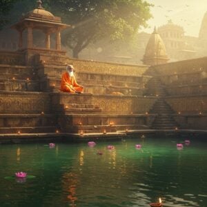 A serene ancient stone-carved kund (stepped water tank) with crystal-clear emerald waters reflecting golden sunlight, surrounded by intricately carved stone steps in traditional Nagara architecture style. Sage Vashistha, depicted as an elderly Indian sage with flowing white beard, wearing saffron robes and holding a kamandalu, meditating on the topmost step. The background features the grand silhouette of ancient Ayodhya's temples with their characteristic shikhara spires. Sacred lotus flowers float on the water surface, creating subtle ripples. Ethereal golden light streams through morning mist, creating a mystical atmosphere. Delicate Madhubani-style patterns adorn the stone walls of the kund, featuring motifs of sacred symbols and vedic elements. The scene is enhanced with soft glowing auras and subtle mandala patterns in the sky. Rich, deep colors of maroon, peacock blue, and saffron dominate the palette, while maintaining a dreamy, spiritual quality. The water reflects small oil lamps (diyas) placed along the steps, creating a magical play of light and reflection. Hyperrealistic digital art style with photographic details merged with traditional Indian art elements.