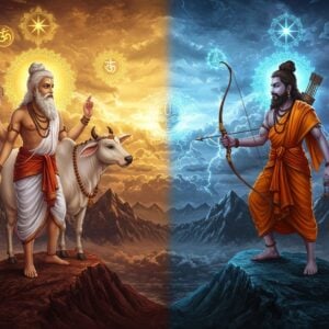 A dramatic celestial confrontation scene showing two powerful sages - Vashistha and Vishwamitra standing on opposite mountain peaks amid swirling cosmic energy. Vashistha on the left, serene and composed in white dhoti, holding his divine cow Nandini, radiating natural golden aura. Vishwamitra on the right, intense and determined in saffron robes, wielding his bow with cosmic arrows, surrounded by electric blue energy. Between them, mystical Sanskrit symbols and mandalas float in the air, while the background shows a split sky - one half peaceful with golden clouds, the other turbulent with storm clouds and lightning. The scene incorporates Madhubani-style decorative patterns in the mountains and clouds. Both sages have detailed facial features showing their contrasting personalities - Vashistha's calm wisdom versus Vishwamitra's fierce determination. The lighting creates dramatic shadows and highlights, with divine rays breaking through clouds. The color palette includes deep maroons, celestial blues, brilliant golds, and ethereal whites. Intricate details show Vishwamitra's royal ornaments from his former life as king, while Vashistha maintains a simple sage's appearance with rudraksha beads. Hyperrealistic digital art style with fantasy elements.