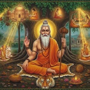 A majestic scene depicting Sage Vashistha in detailed traditional Indian garments, seated in padmasana on a tiger skin under a sacred banyan tree, his form emanating a divine golden aura. His signature features include his long white beard, sacred thread, and peaceful expression. In his hands, he holds the Brahma danda staff. Behind him rises a ethereal visualization showing modern Indian cityscape seamlessly blending with ancient temples and gurukuls, connected by streams of golden light. The foreground features intricate Madhubani-style patterns of sacred symbols - the cow Nandini, the celestial weapons, and vedic manuscripts. Floating mandalas and sacred geometry patterns in deep saffron and peacock blue frame the composition. The lighting is mystical with soft golden rays filtering through the banyan leaves, creating a dreamy atmosphere. Multiple translucent layers show scenes of modern students studying ancient texts, suggesting the continuation of wisdom. The art style combines hyperrealistic digital rendering with traditional Indian miniature painting techniques, with rich textures and intricate details.