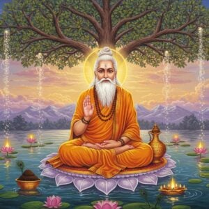 A serene portrait of Maharishi Vashistha in meditation, wearing saffron robes with intricate gold patterns, sitting in padmasana on a crystal lotus platform floating above sacred waters. His long white beard flows ethereally, adorned with sacred rudraksha beads. He holds a kamandalu in one hand and sacred texts in another. Behind him, a massive celestial tree with luminescent leaves spreads across the sky, its branches forming intricate mandala patterns. Soft golden light emanates from his form, creating a divine aura. The background features the subtle silhouette of Mount Meru with floating clouds in pastel purples and blues. Multiple small lotuses float on the water surface, each emanating a soft spiritual glow. Celestial deer and peacocks are visible in the periphery. Art style combines traditional Madhubani patterns in the details with modern digital art techniques, featuring a color palette of deep saffron, celestial blues, and metallic gold. The scene is illuminated by divine light streams and floating light orbs, creating a mystical atmosphere. The overall composition emphasizes wisdom, divinity, and transcendental knowledge.