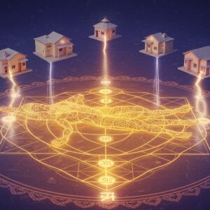 A mystical visualization of Vastu Purusha lying in a mandala-shaped floor plan, his divine form composed of shimmering golden energy lines. His body parts align with different directions - head in northeast, feet in southwest. The figure is surrounded by intricate geometric patterns inspired by traditional Indian architecture, with each corner radiating different colored auras representing the five elements. Floating above are miniature modern Indian homes in gentle pastel hues, arranged in perfect geometric harmony. The scene features subtle sacred symbols like swastikas and lotus patterns etched in glowing lines. The background transitions from deep indigo at the top to warm saffron at the bottom, with ethereal light streams connecting the Vastu Purusha to the homes. Soft orbs of light illuminate the cardinal directions, while delicate Madhubani-style patterns frame the entire composition. The overall aesthetic combines ancient sacred geometry with contemporary minimalist design, rendered in a dreamy, spiritually-inspired digital art style.