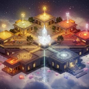 A grand modern minimalist Indian home floating in ethereal space, split into 8 directional segments like a compass rose, each section glowing with distinct Vastu colors - North (gold), East (orange), South (red), West (blue). The central courtyard features a shimmering crystal Brahmasthana emitting pure white light. Intricate Madhubani-style mandalas float above each direction, depicting their corresponding elements - water lilies in North, rising sun in East, fire patterns in South, setting sun in West. Energy streams visualized as flowing golden threads weave through the house following Vastu principles. The scene is surrounded by translucent sacred geometry patterns and floating lotus flowers in pastel hues. The lighting is soft and mystical with gentle color gradients. The architecture seamlessly blends traditional Indian elements with contemporary design - clean lines, large windows, sustainable materials. Small zodiac symbols and elemental crystals hover above their respective directions. The overall composition suggests perfect balance and harmony, rendered in a style mixing digital art with traditional Indian artistic elements, emphasizing serenity and spiritual energy flow.